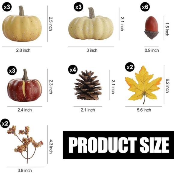 23 PCS Fall‎ Harvest Decor Set: Mini Pumpkins, Acorns, Pinecones, Leaves & More - Picture 2 of 7